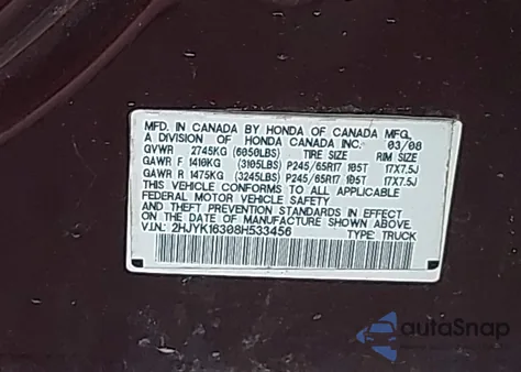 2008 Honda Ridgeline Rtx from USA, damaged, VIN 2HJYK16308H533456